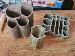 Bay Pottery Color Drip Glaze Vase Stationary Makeup Organizer Greenish Set Of 3